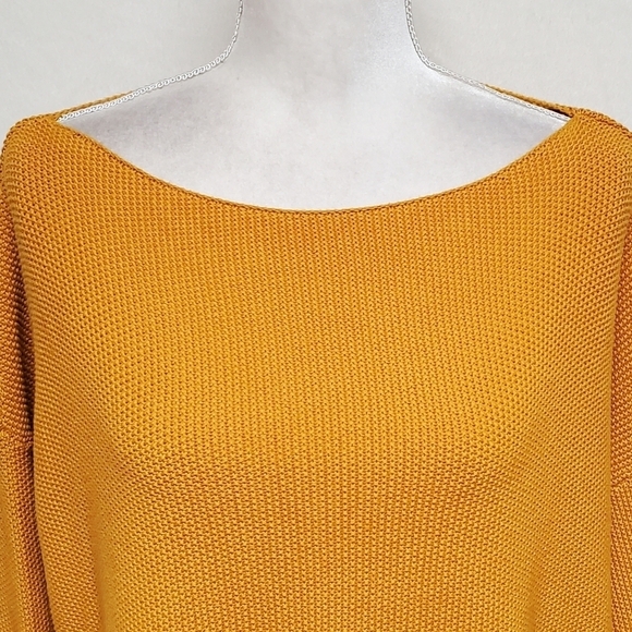 FRENCH Connection Mustard Yellow Waffle Knit Oversized Boatneck Cropped Sweater - Picture 4 of 13